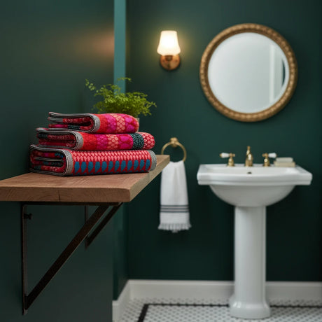 Stack of colorful patterned towels on a black surface with a dark background
