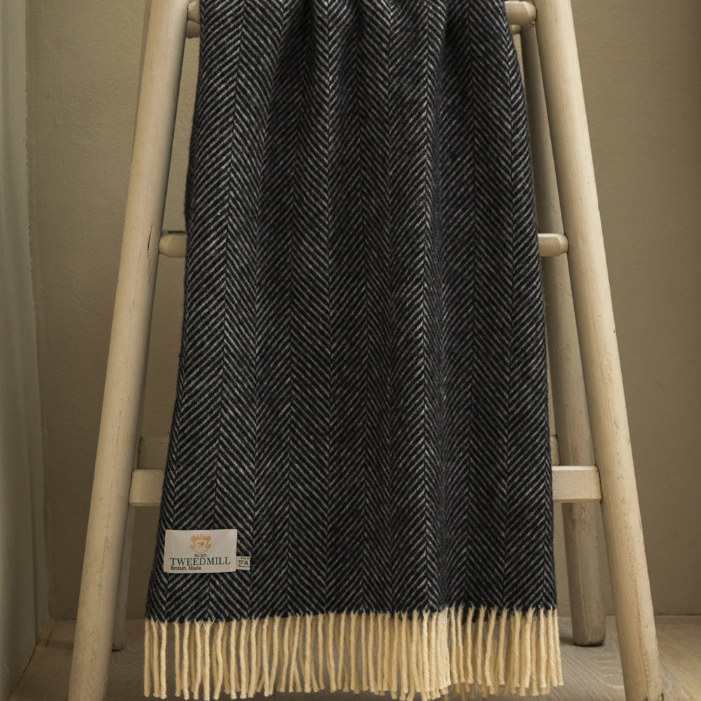 Tweedmill Fishbone Pure New Wool Throw, Navy