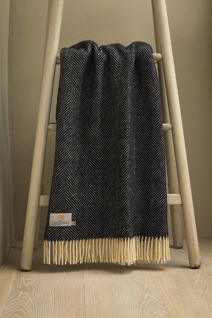 Tweedmill Fishbone Pure New Wool Throw, Navy