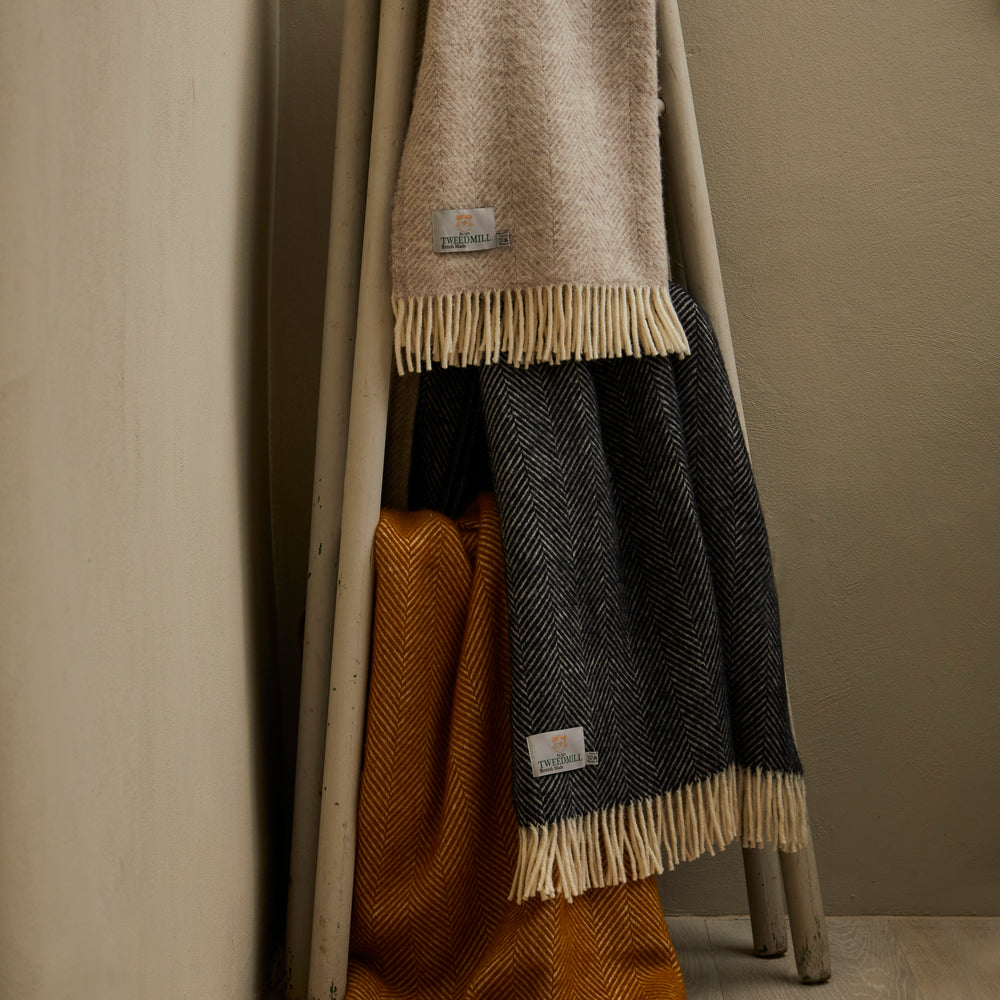 Tweedmill Fishbone Pure New Wool Throw, Black