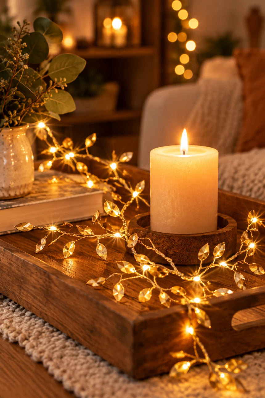 Warm white LED branch string lights with gold-toned leaf-shaped bulbs draped vertically against a red illuminated backdrop.