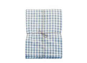 Blue and white checkered fabric tablecloth  with twine on a white background