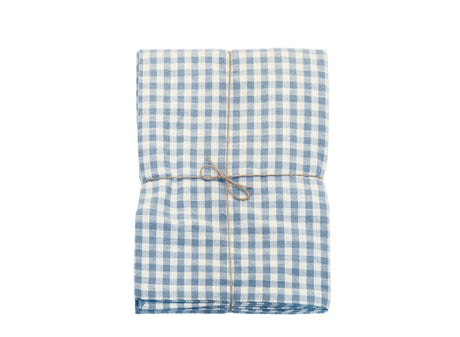 Blue and white checkered fabric tablecloth  with twine on a white background
