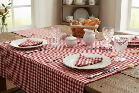 Folded red and white checkered fabric  tablecloth on a white background