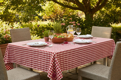 Folded red and white checkered tablecloth  on a white background