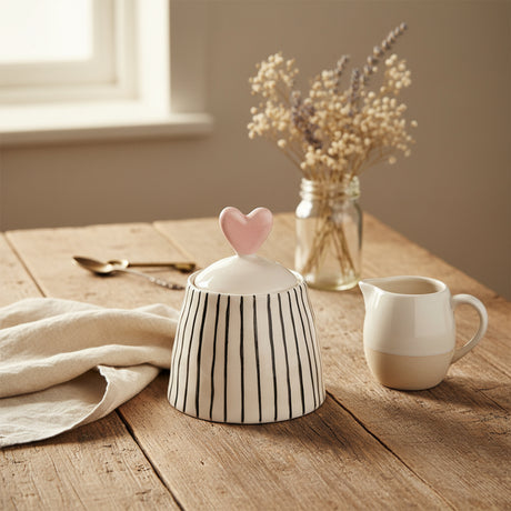 White sugar bowl with monochrome Stripes & pastel pink hearts lid holder 