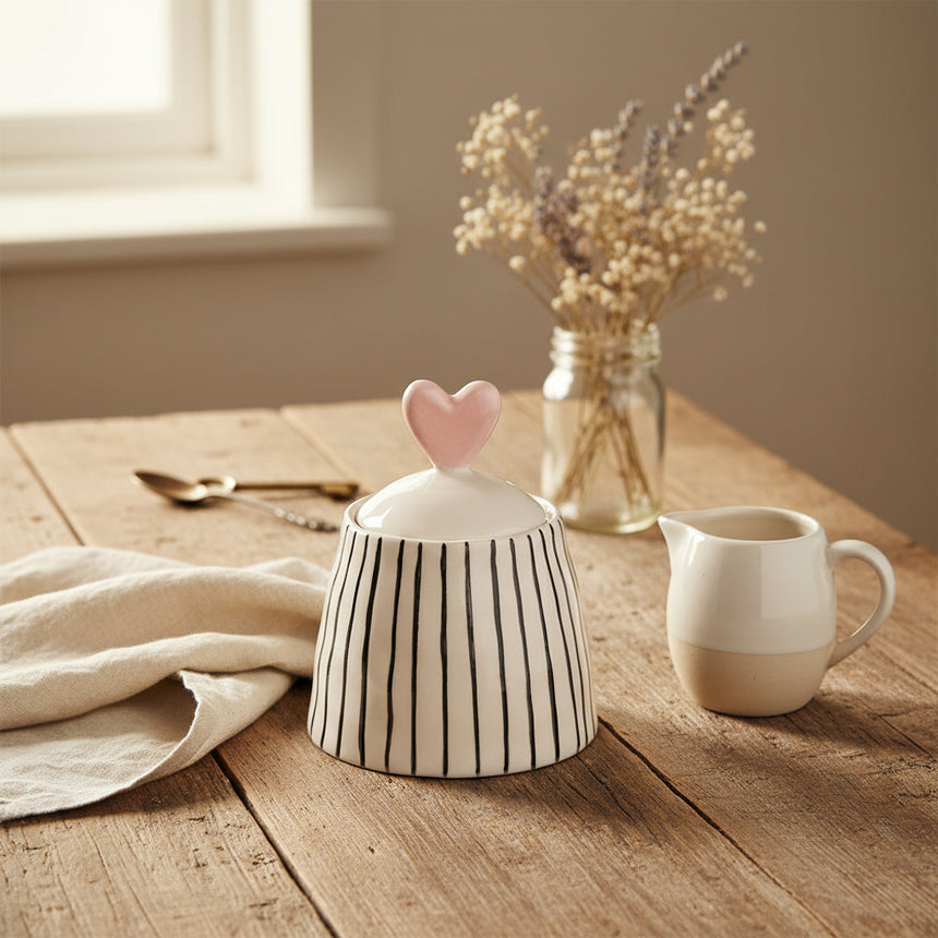 White sugar bowl with monochrome Stripes & pastel pink hearts lid holder 