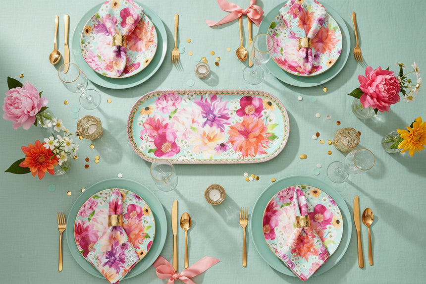 Floral-patterned-platter  with colorful flowers on a white background