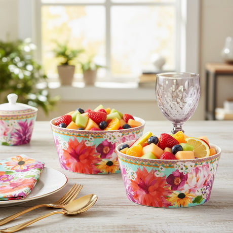 Colorful floral-patterned bowl with decorative rim on a white background