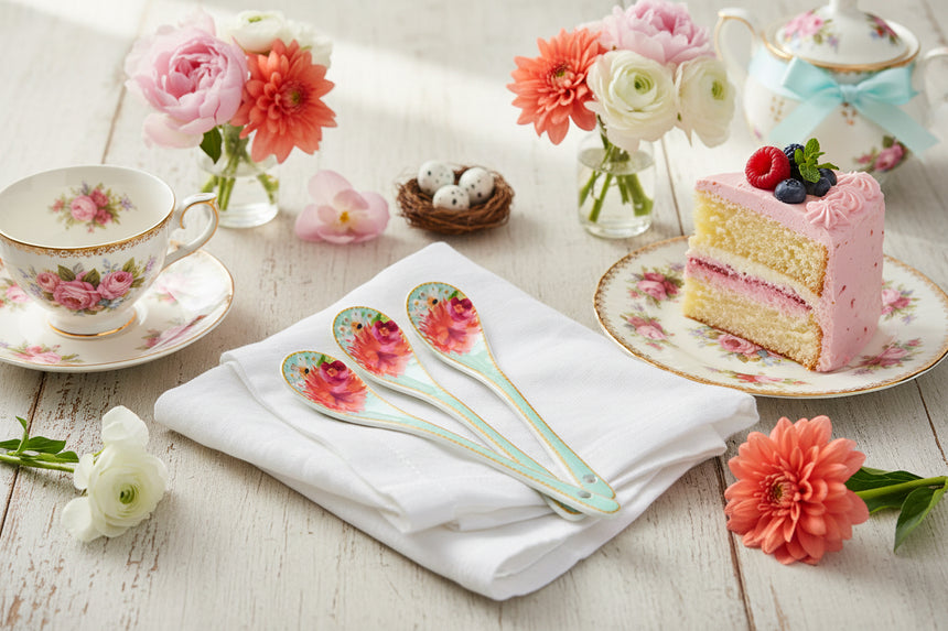 Four decorative spoons with floral designs on a white background