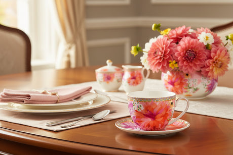 Colorful floral teacup and saucer on a white background
