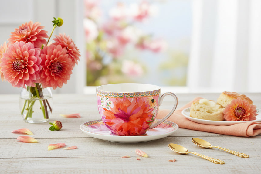 Colorful floral teacup and saucer on a white background
