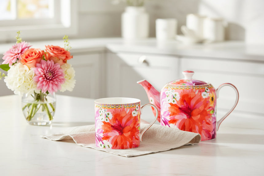 Colorful floral mug on a white background