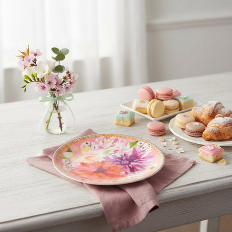 Round colorful flower design on a white background