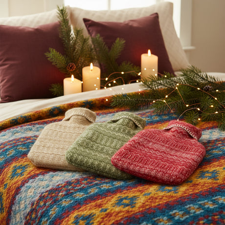 Three knitted hot water bottles in beige, green, and red on a white background
