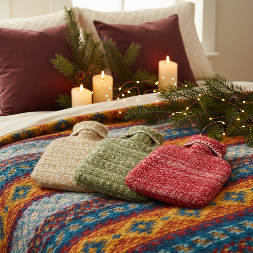 Three knitted hot water bottles in beige, green, and red on a white background