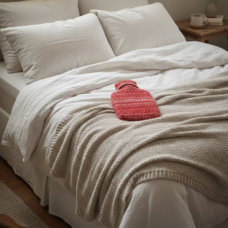 Red knitted hot water bottle cover with white pattern on a white background
