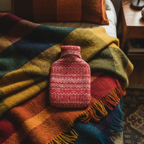 Red knitted hot water bottle cover with white pattern on a white background