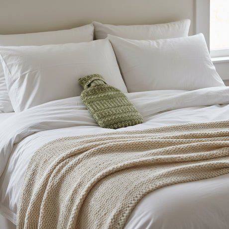 Green knitted hot water bottle cover with a pattern on a white background