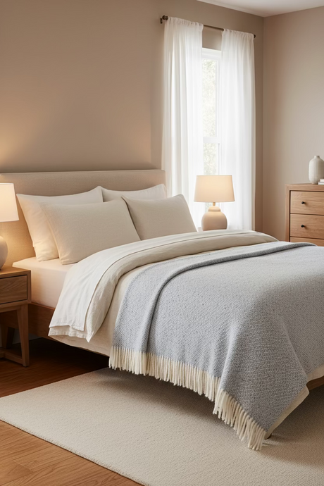 Textured blue blanket with white fringe on a white background