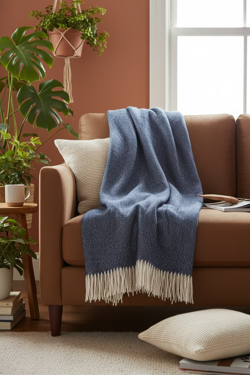 Blue woven blanket with white fringe on a light blue background