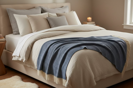 A folded woven throw blanket in a blue  pattern with cream-colored fringe tassels, displayed on a clean white background.
