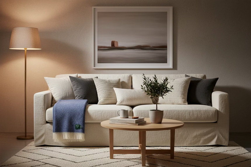 A folded blue and cream woven throw blanket with fringe, featuring a small green Bronte label on the lower right, set against a plain light gray background.