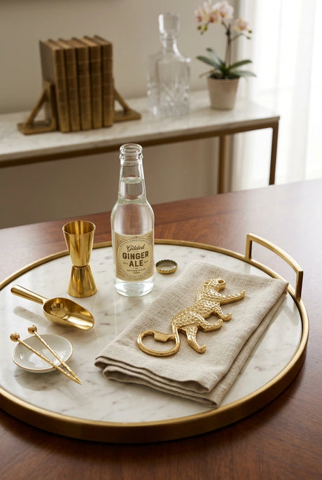 A gold-tone leopard-shaped bottle opener with a textured, beaded surface, shown on a light blue background.