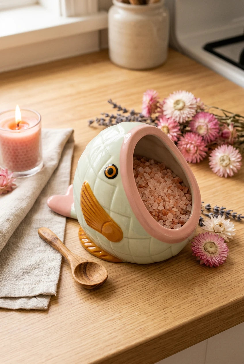 A ceramic fish-shaped salt pig in pale mint green with a pink rim, yellow gill detail, and a brown fin, shown against a soft peach-pink background.