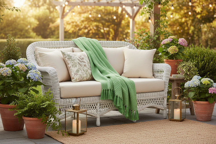 Green woven blanket with fringes on a white background