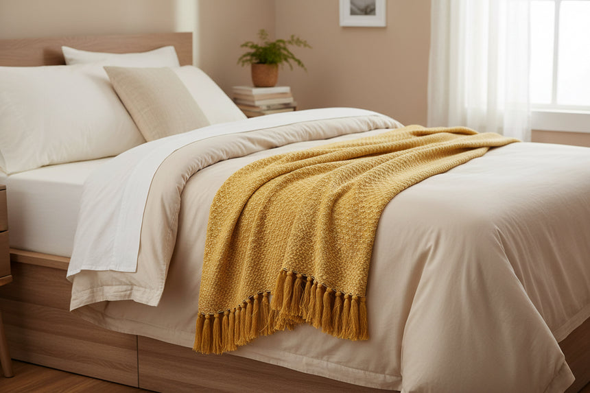 Yellow woven blanket with fringes on a white background
