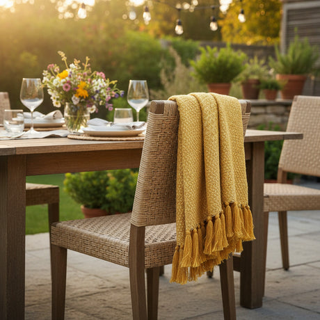 Yellow woven blanket with fringes on a white background