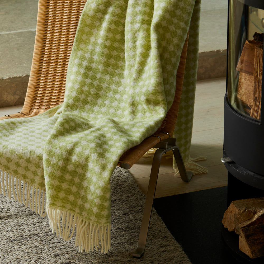 Tweedmill Jacquard Spot Pure New Wool Reversible Throw, Apple Green