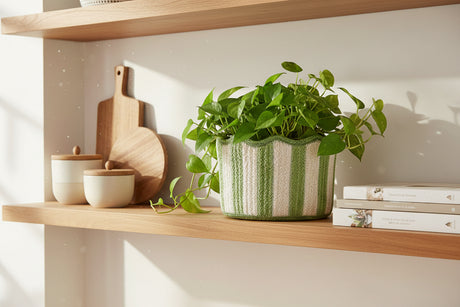 Knitted green and white striped item on a white background