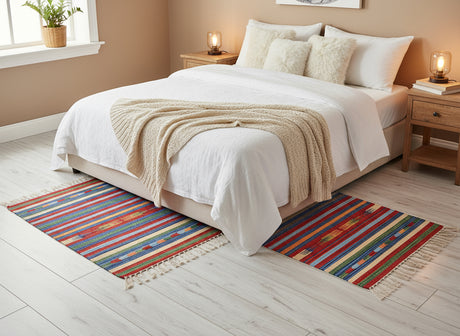 Colorful striped rug with tassels on a light wooden floor