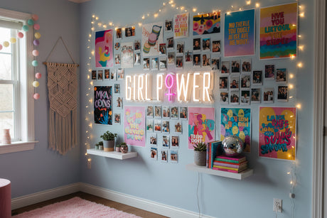 Neon sign with 'GIRL POWER' and a pink gender symbol on a dark background