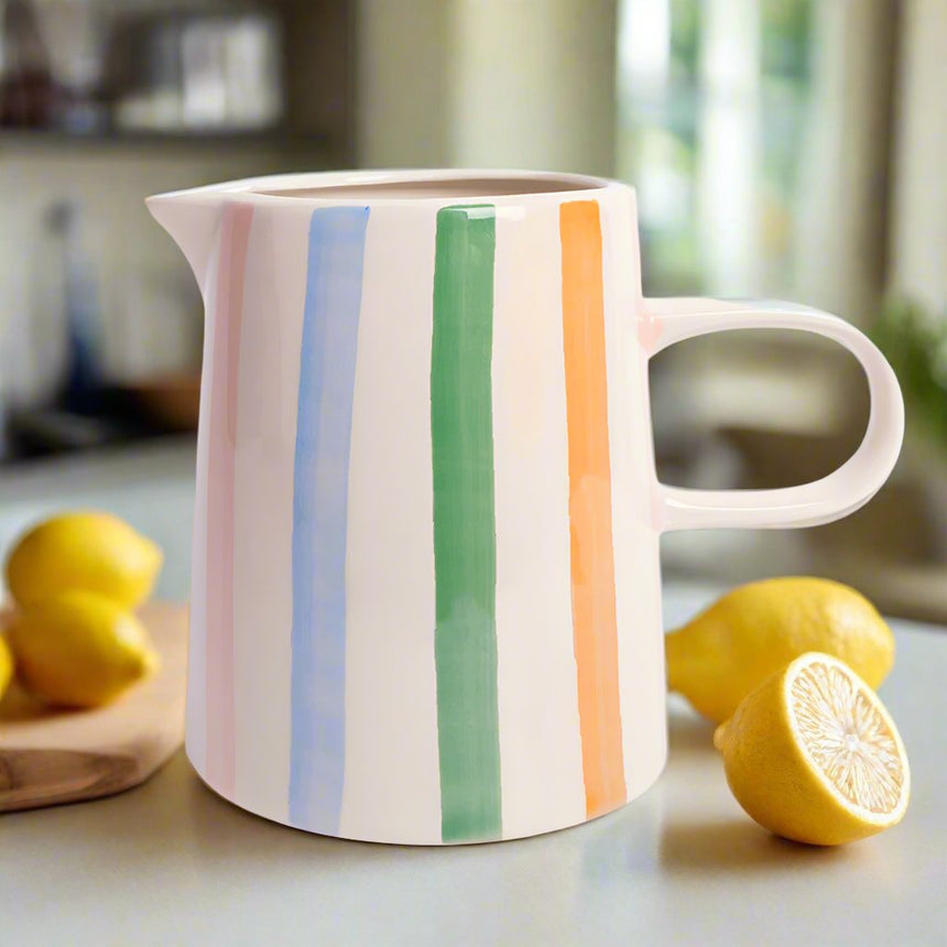 Caroline Gardner Ceramic Pitcher. Multi Stripes