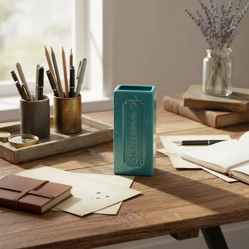 Teal rectangular vase with 'Oliverpool' branding on a white background