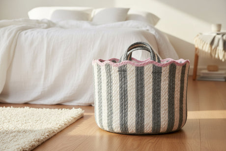 Striped jute basket with pink trim on a white background