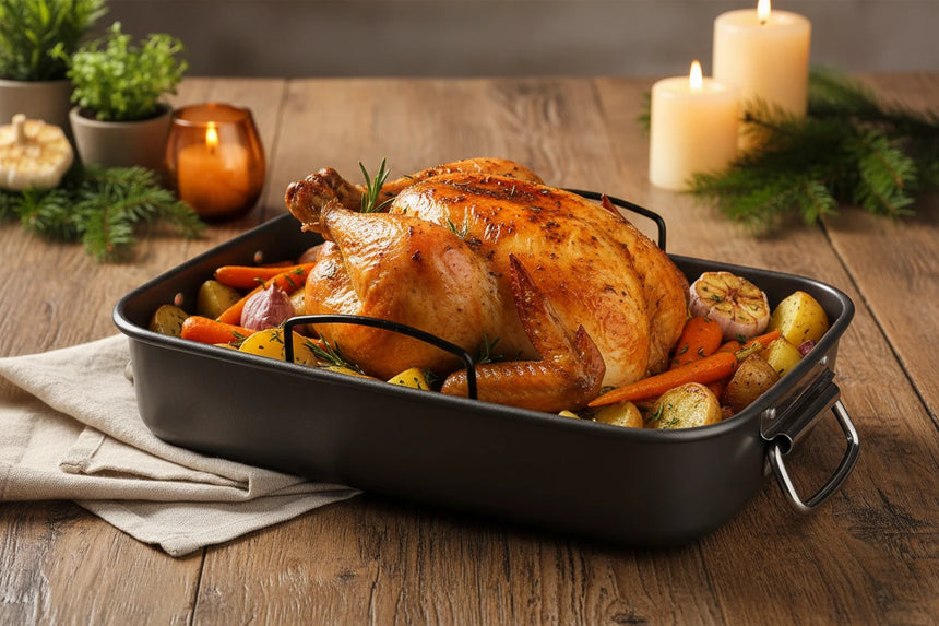 Black roasting pan with grill rack on a white background