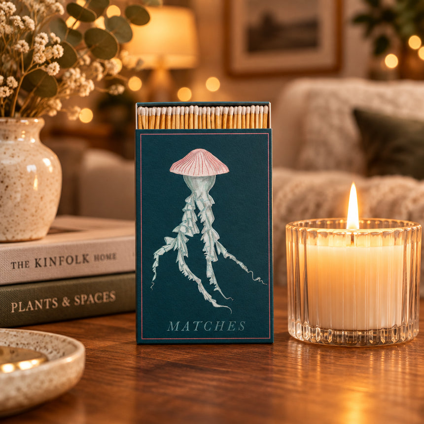 A matchbox package with a dark teal background featuring an illustration of a pale jellyfish and the word 'MATCHES' at the bottom. Wooden matchsticks with white tips are visible along the top edge, and the package is centered on a plain white background.