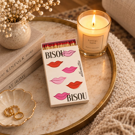 A matchbox package labeled 'BISOU' with illustrated pink and red lips and the word 'allumettes' printed vertically. The box is open, showing wooden matches with red tips arranged inside on a white background.