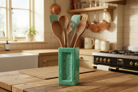 Green rectangular vase with 'Outwood Brick Works Manchester' branding on a white background