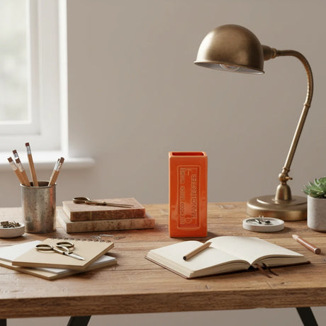 Orange brick-shaped vase with 'Outwood Brick Works Manchester' text on a white background