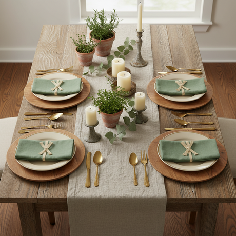 Green napkin with a beige ribbon on a white background