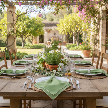 Green napkin with white trim on a white background