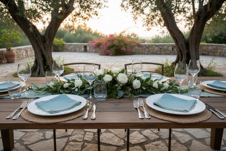 Folded light blue fabric napkin  with white trim on a white background