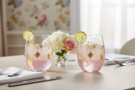 Two clear stemless wine glasses with gold floral designs on a white background
