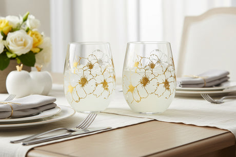 Two clear stemless wine glasses with gold floral designs on a white background