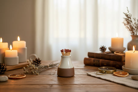Small ceramic match holder with matches on a white surface and beige background